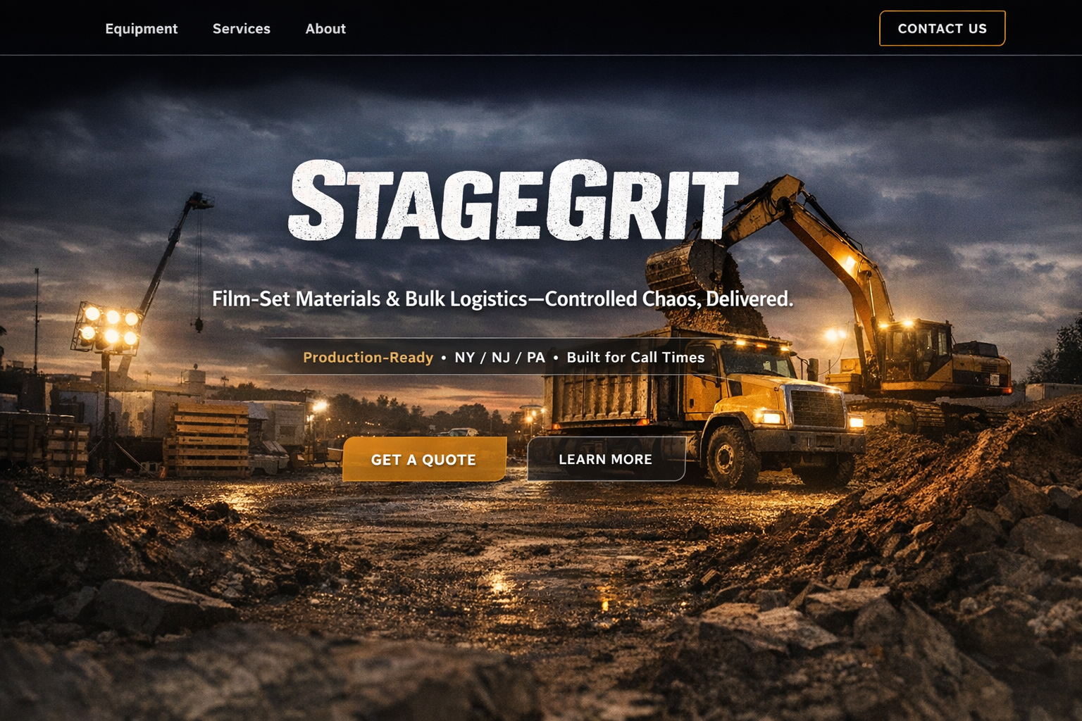 StageGrit controlled film set with heavy equipment and staged materials